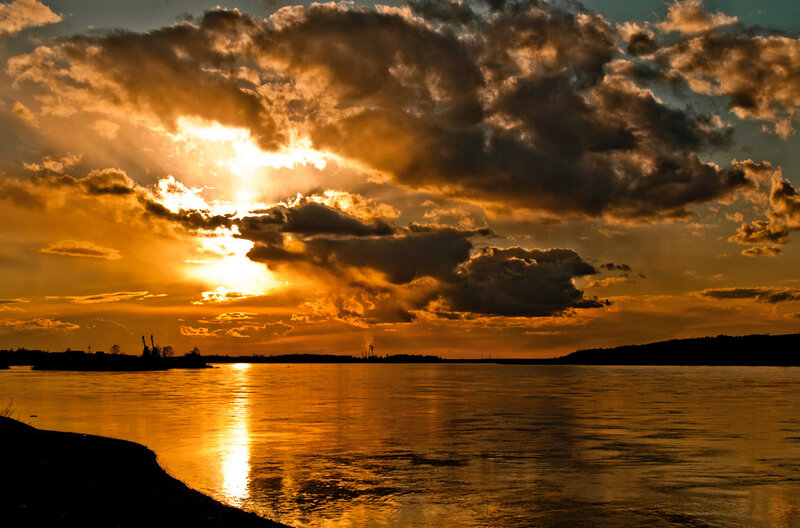 Sunset over River — Orange, Dramatic, Photograph, Clouds