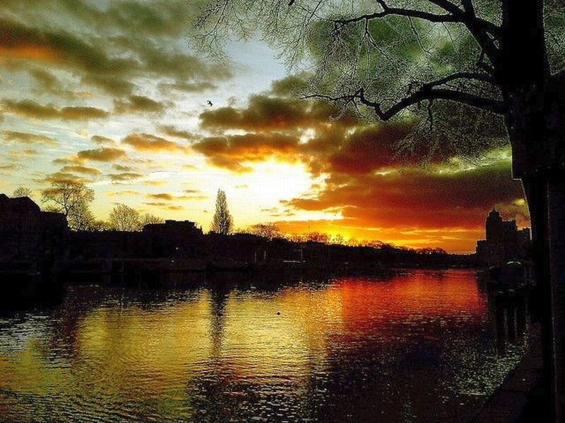 Sunset over River — Orange, Dramatic, Photograph, Clouds, Tree