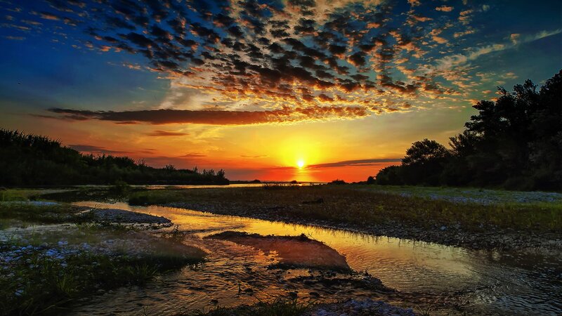 Sunset over River — Orange, Dramatic, Photograph, Clouds, Trees, Blue