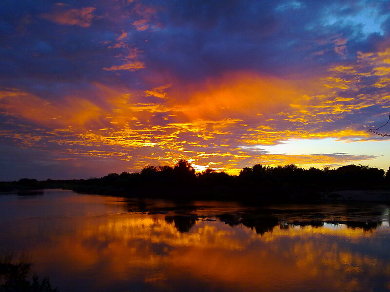 Sunset over River — Orange, Dramatic, Photograph, Clouds, Trees