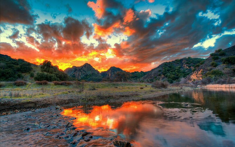 Sunset over River — Orange, Dramatic, Photograph, Mountains, Clouds