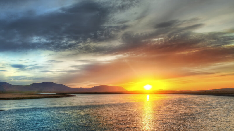 Sunset over River — Orange, Dramatic, Photograph, Mountains