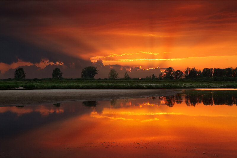 Sunset over River — Orange, Dramatic, Photograph, Sky, Trees