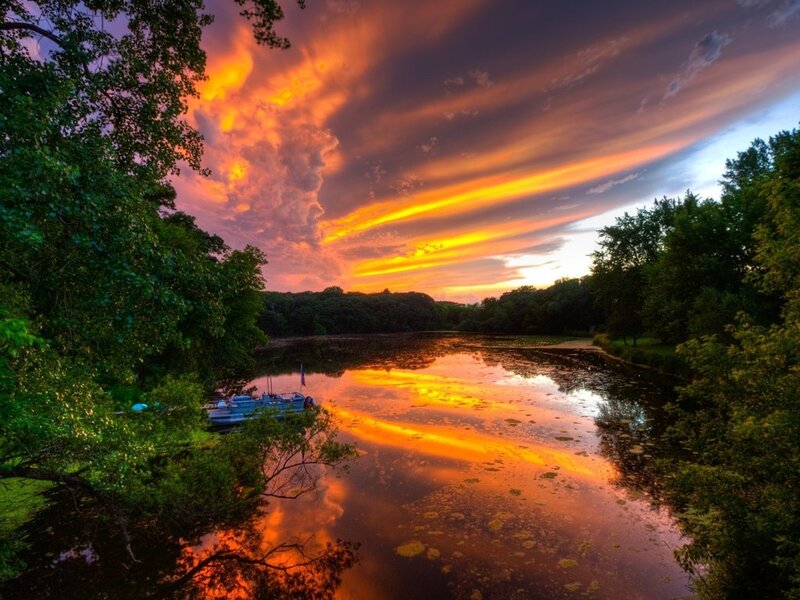 Sunset over River — Orange, Dramatic, Photograph, Trees, Boat
