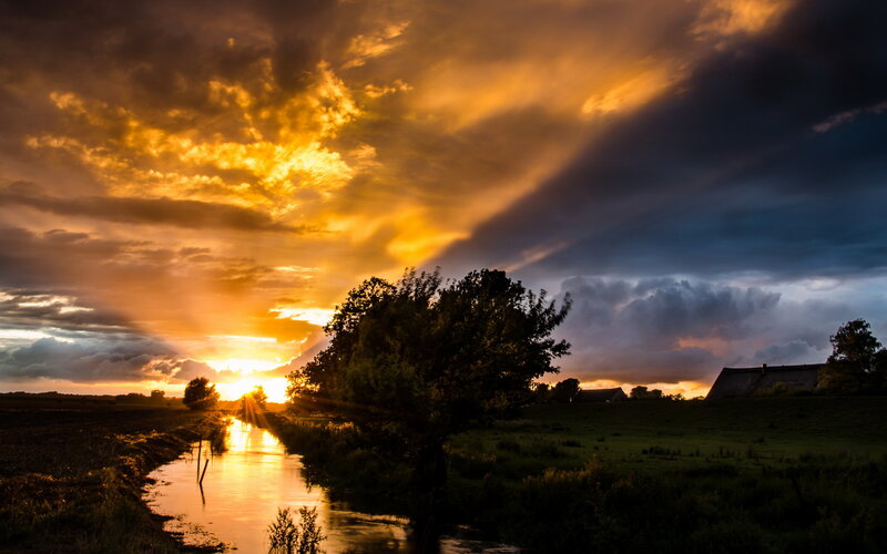 Sunset over River — Orange, Dramatic, Photograph, Trees, Clouds