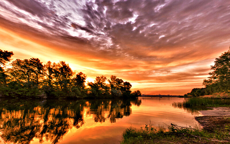 Sunset over River — Orange, Dramatic, Photograph, Trees, Sky, Reflection