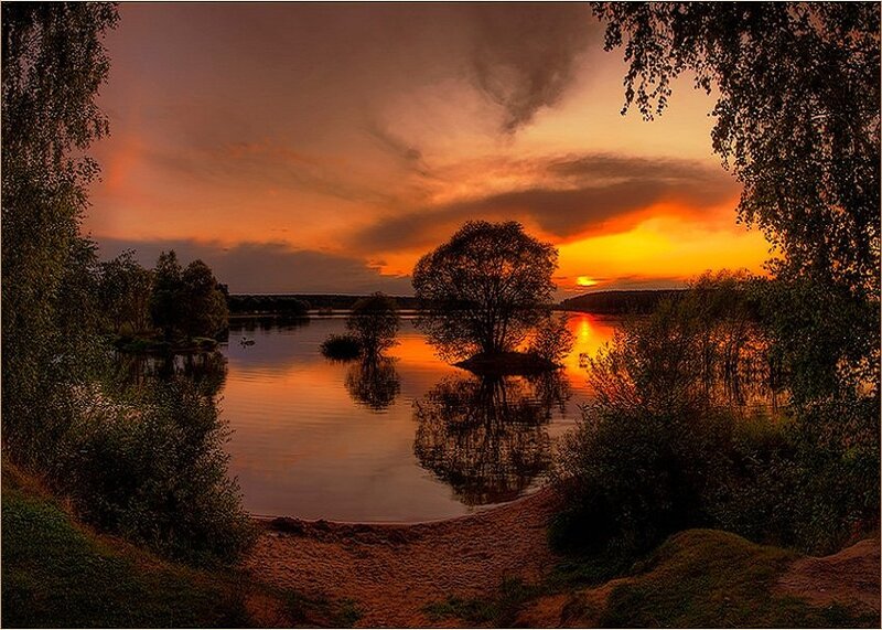 Sunset over River — Orange, Dramatic, Photograph, Trees, Sky