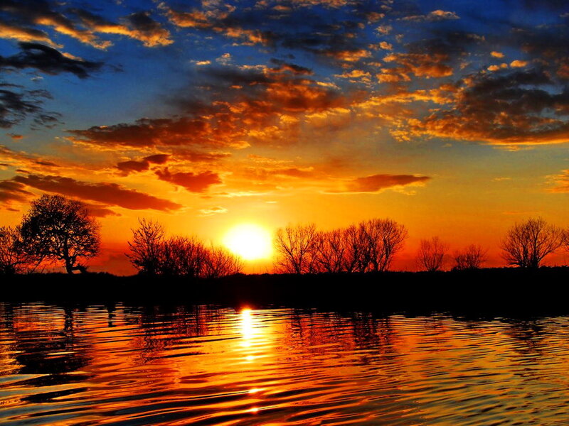 Sunset over River — Orange, Dramatic, Photograph, Trees, Sky, Water