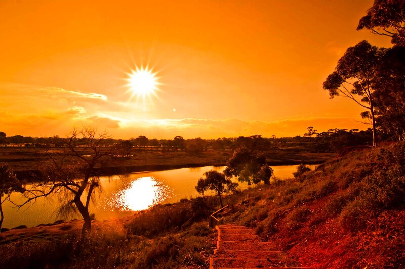 Sunset over River — Orange, Dramatic, Photograph, Trees, Sun