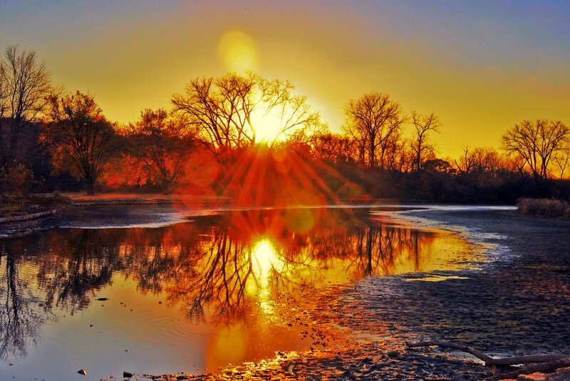 Sunset over River — Orange, Dramatic, Photograph, Trees