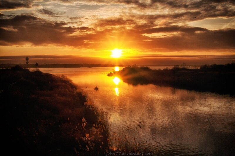 Sunset over River — Orange, Serene, Photograph, Clouds