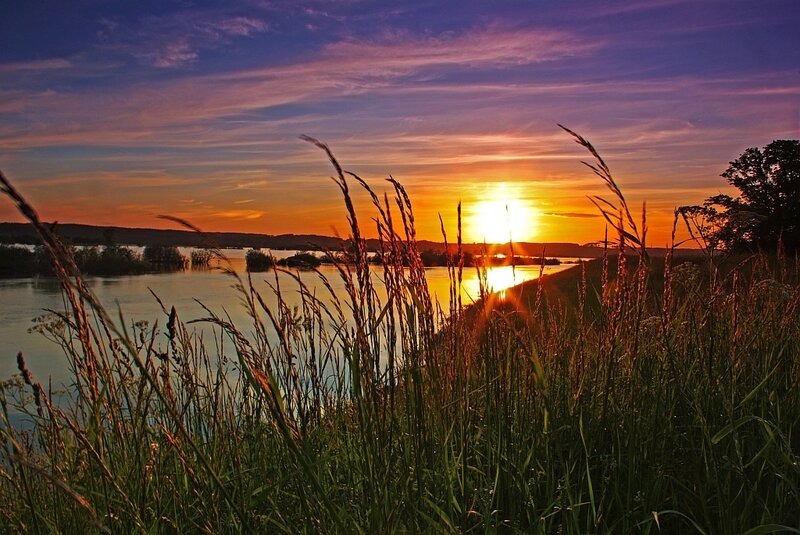 Sunset over River — Orange, Serene, Photograph, Grass