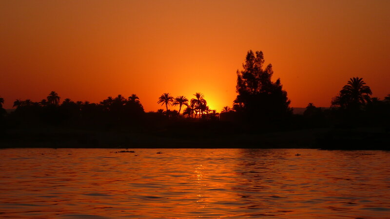 Sunset over River — Orange, Serene, Photograph, Palm Trees, Silhouette