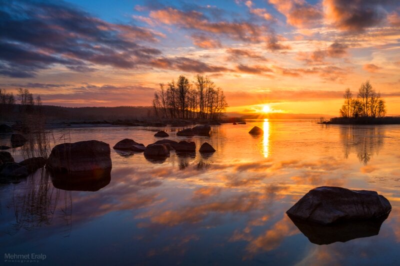 Sunset over River — Orange, Serene, Photograph, Rocks