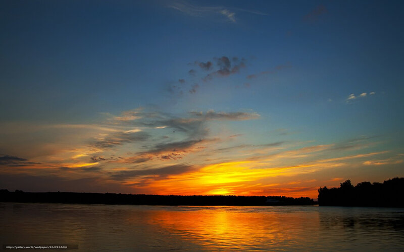 Sunset over River — Orange, Serene, Photograph, Sky, Clouds, Trees