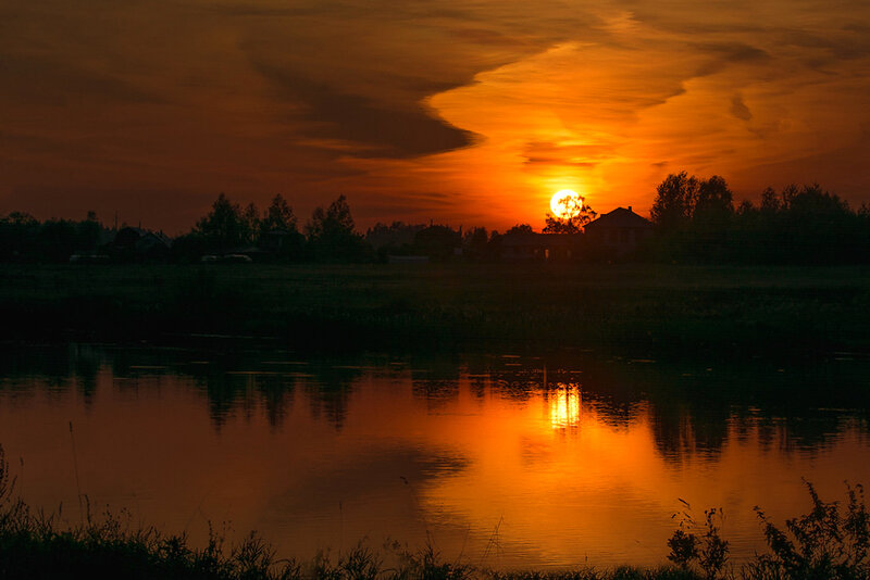 Sunset over River — Orange, Serene, Photograph, Sun, Trees