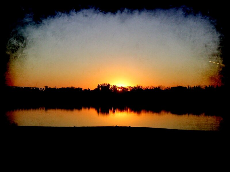 Sunset over River — Orange, Serene, Photograph, Trees, Bridge, Reflection