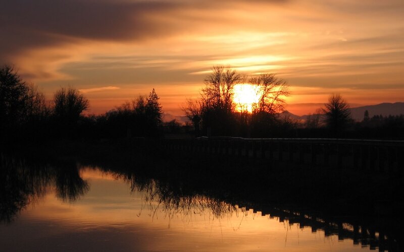 Sunset over River — Orange, Serene, Photograph, Trees, Bridge