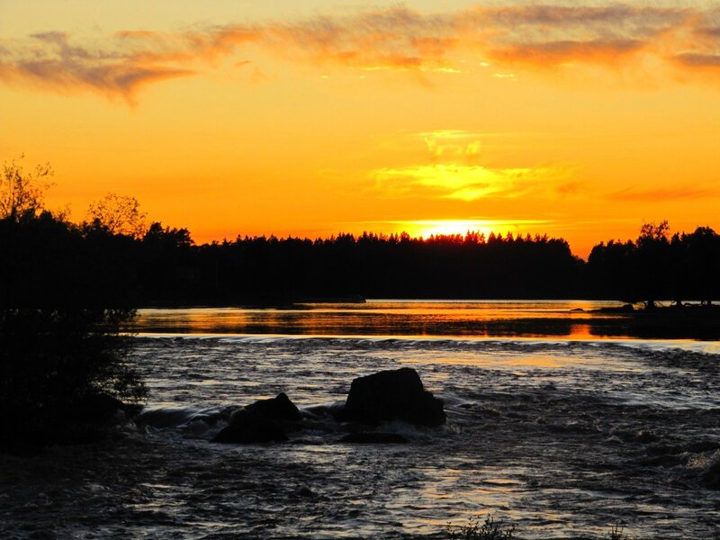 Sunset over River — Orange, Serene, Photograph, Trees, Rocks
