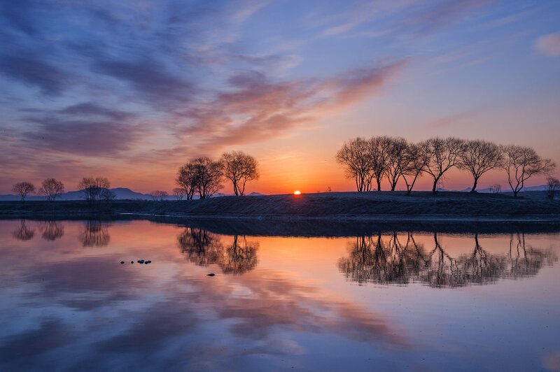 Sunset over River — Orange, Serene, Photograph, Trees, Sky, Reflection
