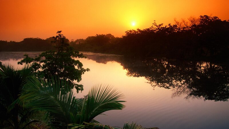 Sunset over River — Orange, Serene, Photograph, Trees, Sun