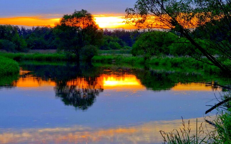 Sunset over River — Orange, Serene, Photograph, Trees