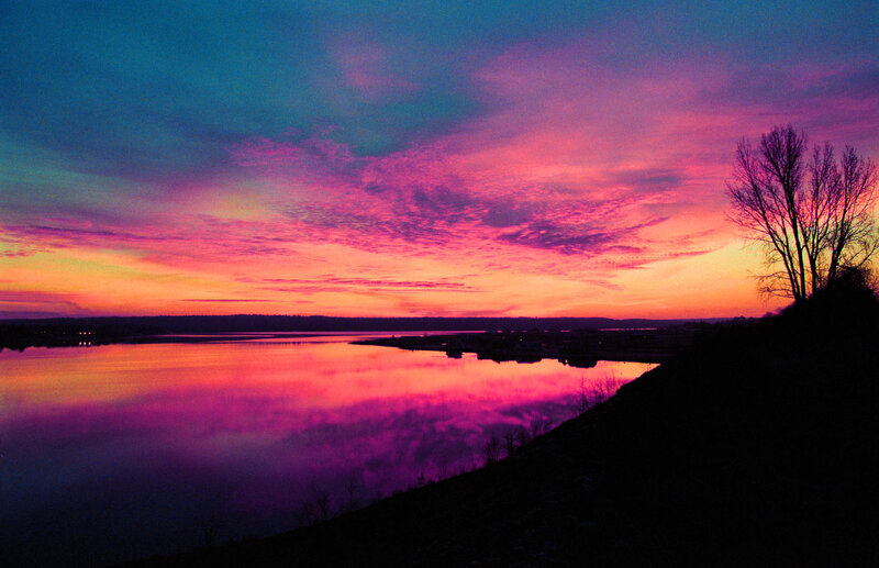 Sunset over River — Pink