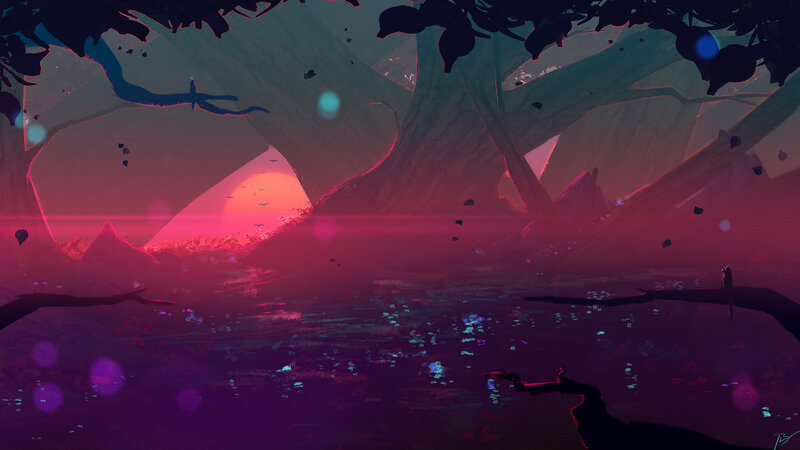 Sunset over River — Purple, Serene
