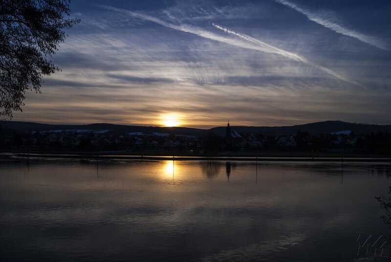 Sunset over River Town — Blue, Serene