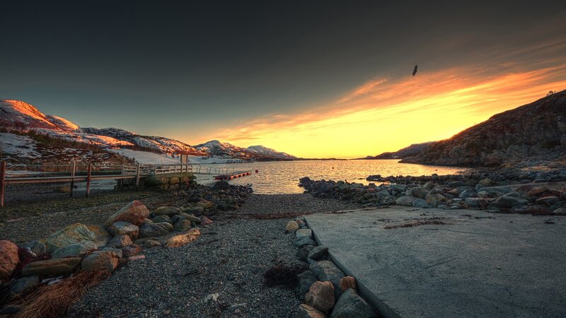 Sunset over Rocky Bay — Orange, Serene, Photograph