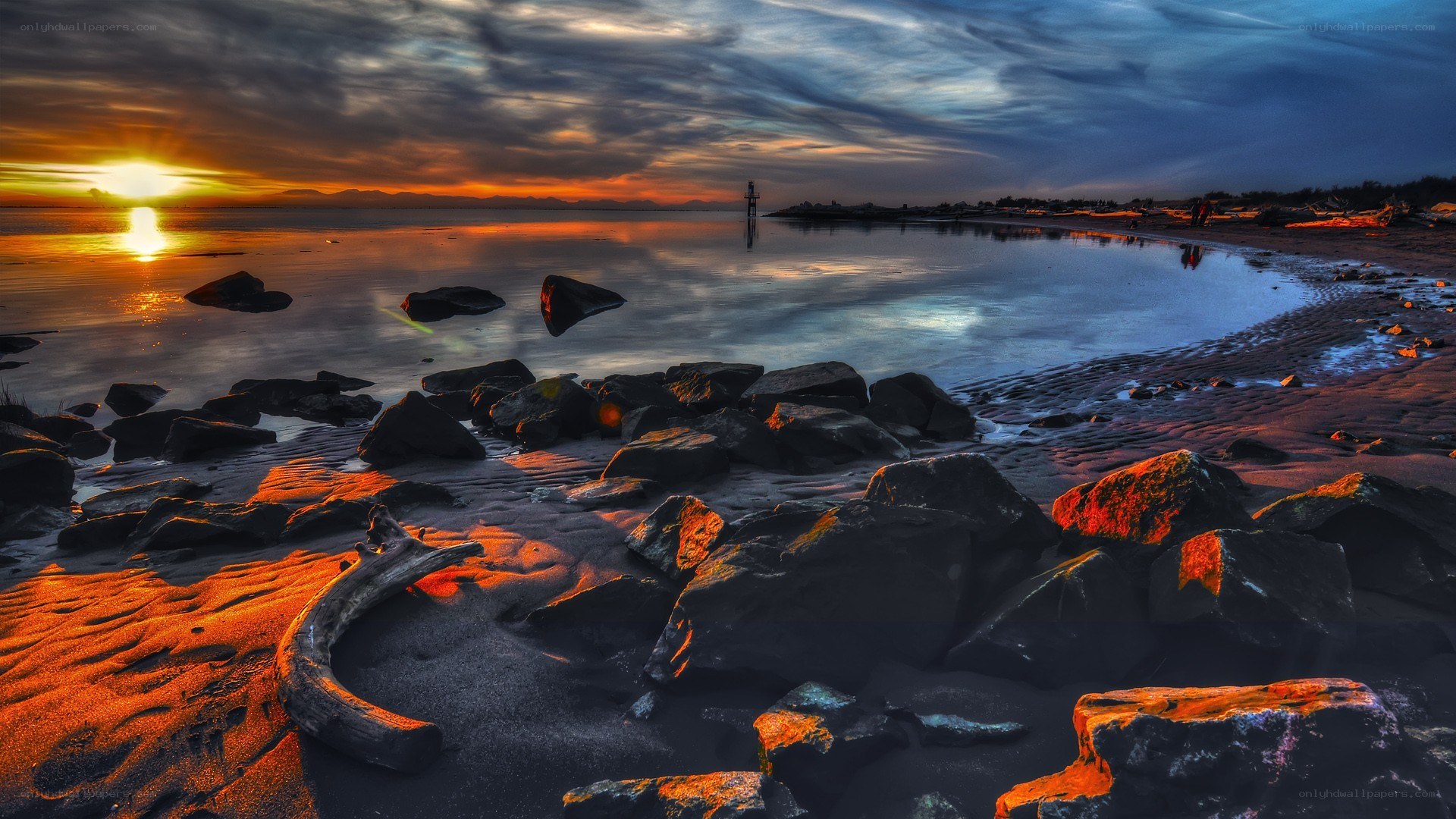 sunset over rocky beach