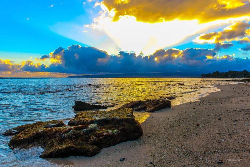 Sunset over Rocky Beach — Blue, Dramatic, Photograph, Ocean, Clouds