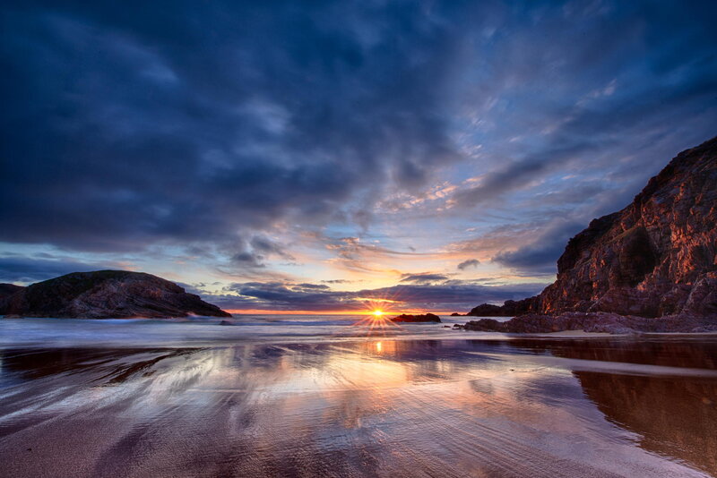 Sunset over Rocky Beach — Blue, Dramatic, Photograph, Ocean, Rocks, Sky