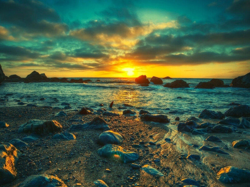 Sunset over Rocky Beach — Blue, Dramatic, Photograph, Ocean, Rocks