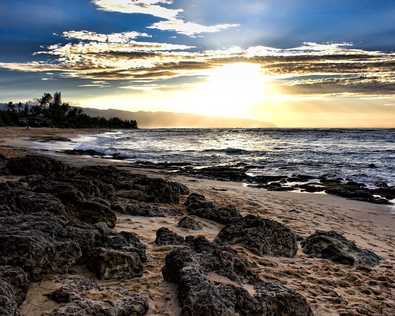 Sunset over Rocky Beach — Blue, Dramatic, Photograph, Ocean