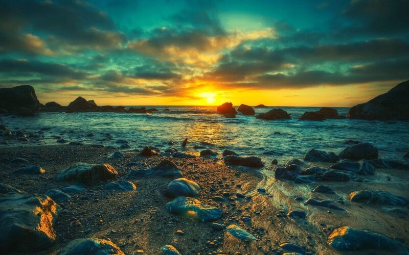Sunset over Rocky Beach — Blue, Dramatic, Photograph, Rocks, Ocean, Sky, Clouds