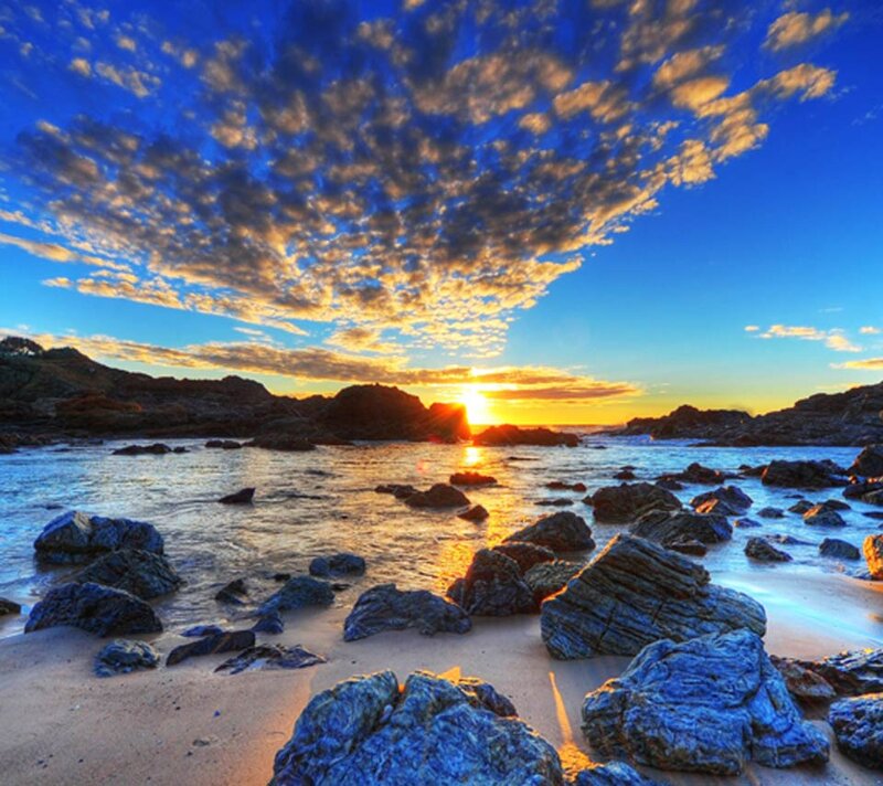 Sunset over Rocky Beach — Blue, Dramatic, Photograph, Rocks, Ocean, Sky