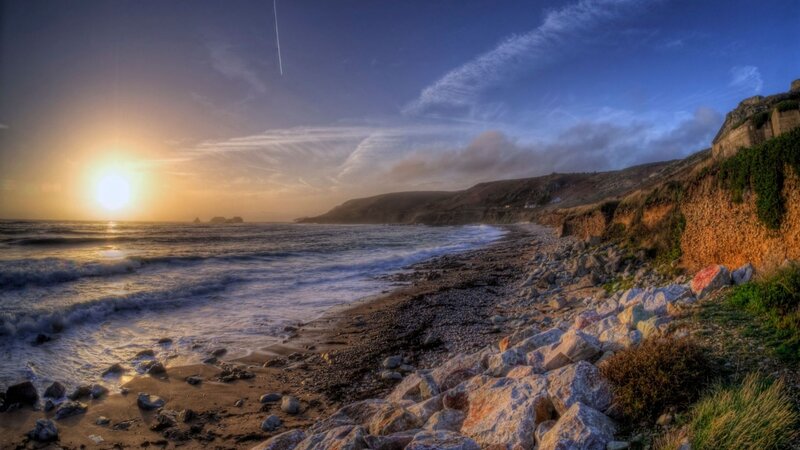 Sunset over Rocky Beach — Blue, Serene, Photograph, Ocean, Cliffs