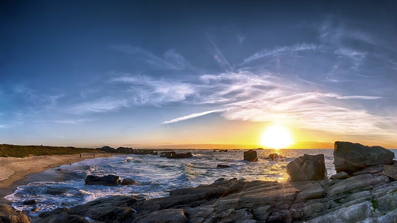 Sunset over Rocky Beach — Blue, Serene, Photograph, Ocean
