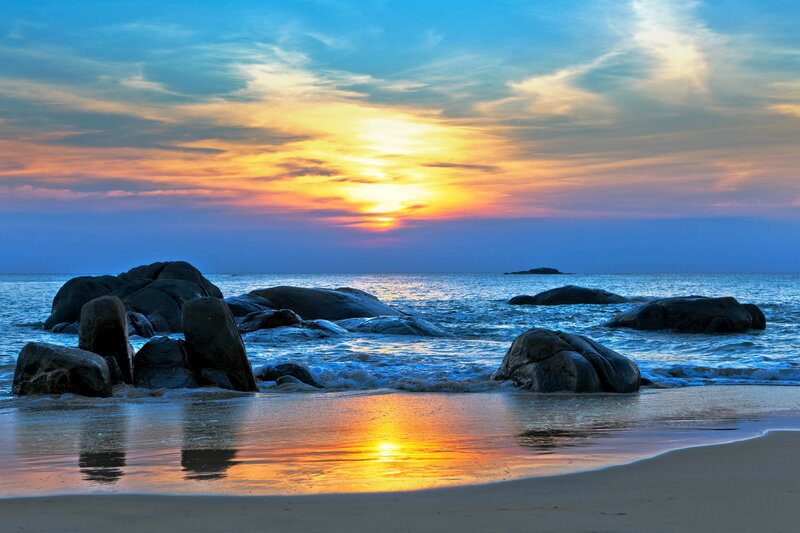 Sunset over Rocky Beach — Blue, Serene, Photograph, Rocks, Ocean