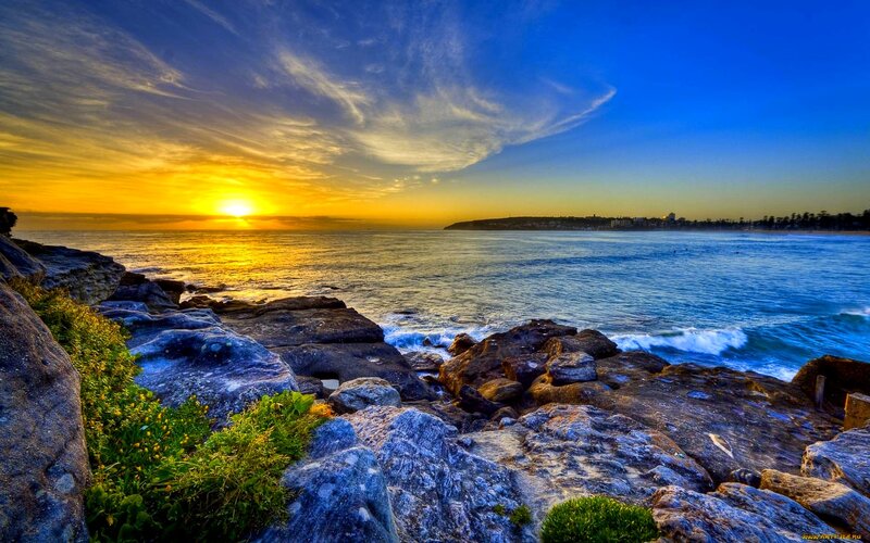 Sunset over Rocky Beach — Blue, Serene, Photograph