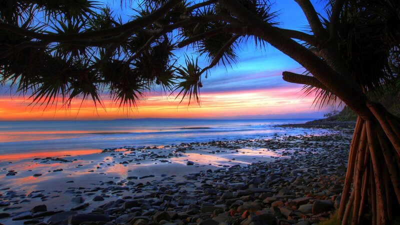 Sunset over Rocky Beach — Blue, Serene, Photograph, Tree