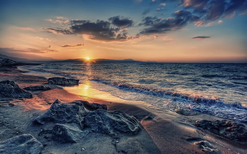 Sunset over Rocky Beach — Blue, Serene