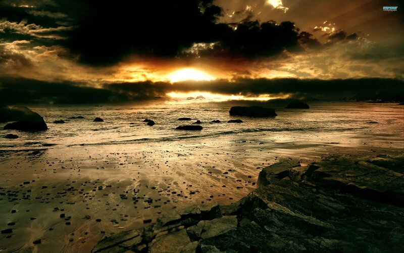 Sunset over Rocky Beach — Gold, Dramatic, Photograph, Ocean