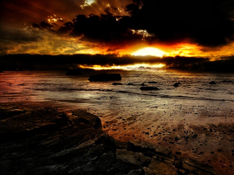 Sunset over Rocky Beach — Orange, Dramatic, Photograph, Clouds, Ocean, Rocks