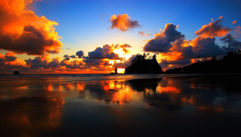 Sunset over Rocky Beach — Orange, Dramatic, Photograph, Clouds, Ocean