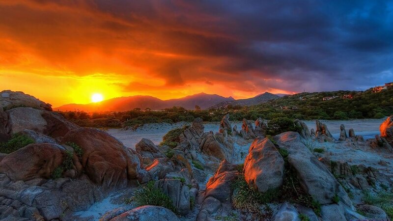 Sunset over Rocky Beach — Orange, Dramatic, Photograph, Mountains, Rocks, Sand
