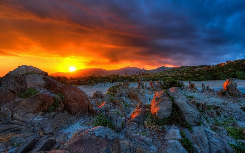 Sunset over Rocky Beach — Orange, Dramatic, Photograph, Mountains, Sand