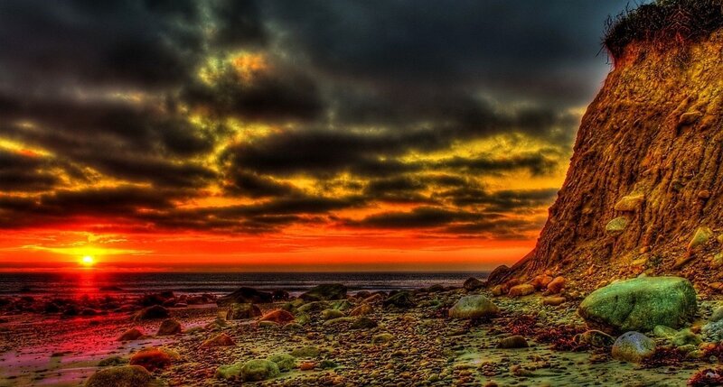 Sunset over Rocky Beach — Orange, Dramatic, Photograph, Ocean, Cliff