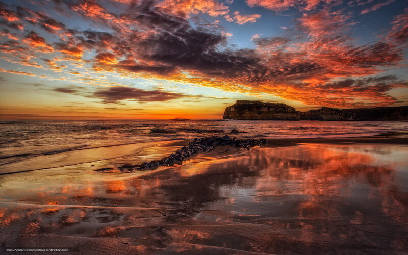 Sunset over Rocky Beach — Orange, Dramatic, Photograph, Ocean, Clouds, Cliffs